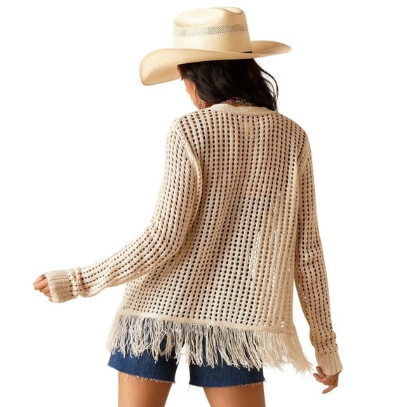 Ariat Cream Open-Knit Frolic Fringe Western Sweater Size Medium - Picture 3 of 17